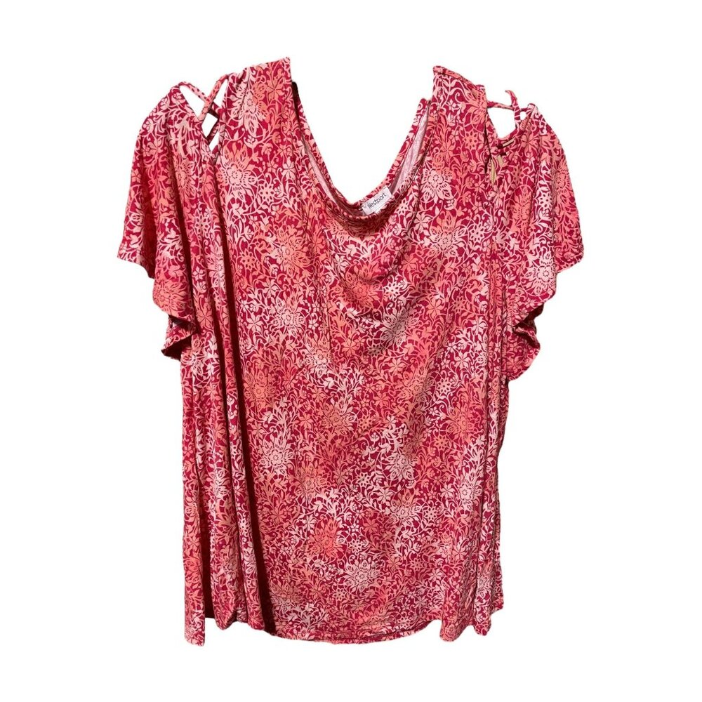 Westport Pink Coral White floral Print Cold Shoulder Woven Pattern Scope Neck S